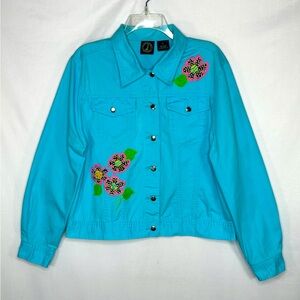 Lighthouse Jean Jacket Turquoise Embroidered Floral Boho‎ Cottage-core Sz L